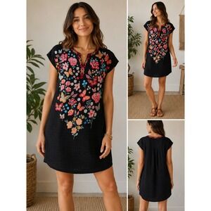 Savanna Jane Dress Butterfly Floral Embroidered Swiss Dot Boho Black Medium
